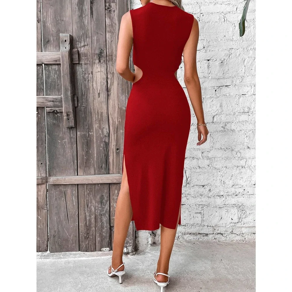 🌟 minimalist Cut Out Waist Twist Front Split Thigh Dress - Picture 5 of 11